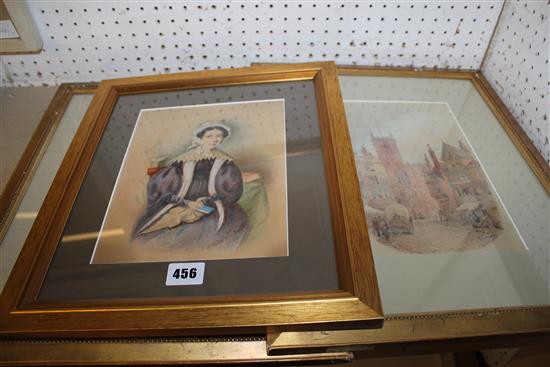 3 Victorians watercolour, including 2 street scenes and portrait of a lady